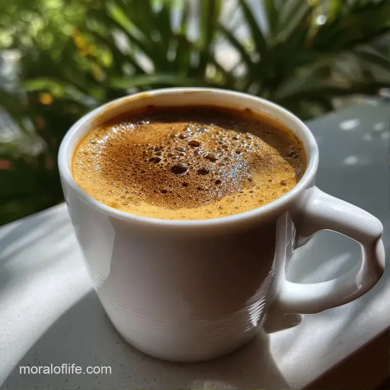 Warm, inviting mug of coffee with a glistening sheen, served on a dark wooden surface. Gentle steam rising, creating an ar...