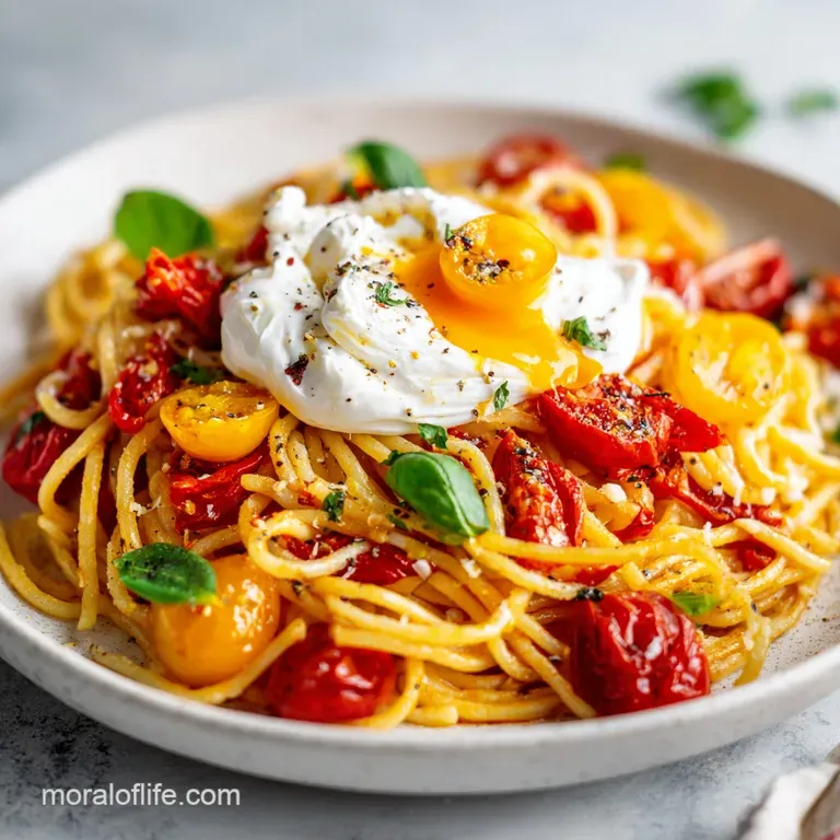 Elegant plating: pasta with burst tomatoes and burrata, drizzled with olive oil and sprinkled with basil, atop white plate.
