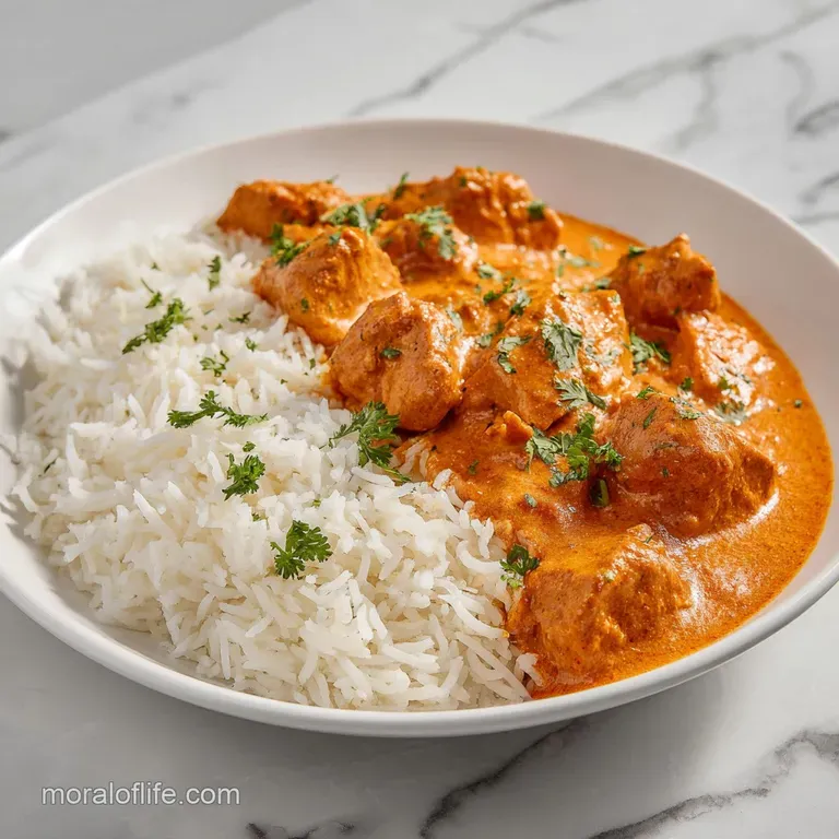 Elegant plate of butter chicken: glossy sauce coats juicy chicken, atop fragrant rice, garnished with fresh cilantro sprigs.