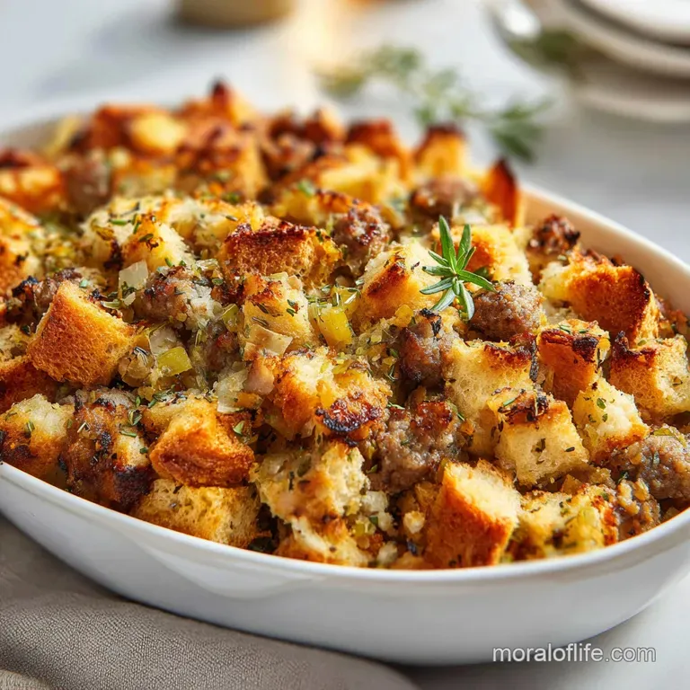 Fluffy sourdough stuffing elegantly plated with fresh herbs and a drizzle of broth, creating a comforting and inviting pre...