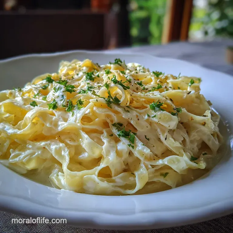 A swirl of pale noodles and soft cabbage, topped with cracked black pepper, presented on a clean white plate.