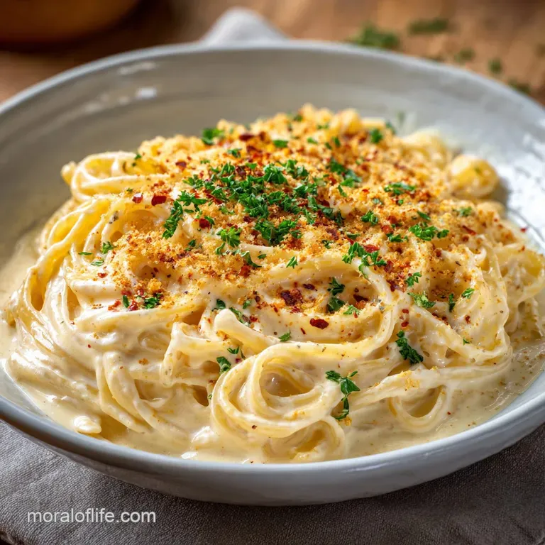 A swirl of glossy, pale orange Cajun Alfredo, artfully plated and garnished with fresh herbs and a sprinkle of spice.