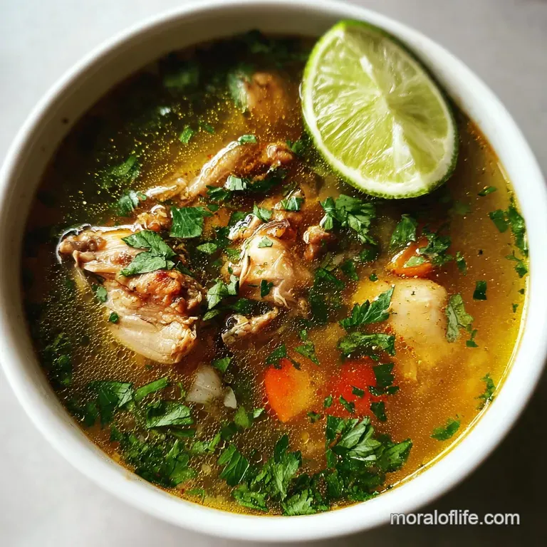 Steaming bowl of Caldo de Pollo with shredded chicken, colorful carrots, zucchini, and cilantro, showcasing a comforting, ...