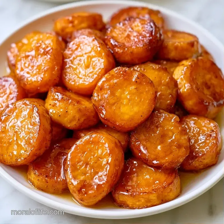 Vibrant orange potato chunks coated in a shimmering gold glaze, served on a white platter with fresh parsley.