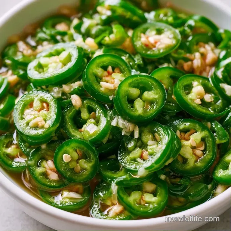 Several clear mason jars filled with sliced green chilies arranged on a white linen cloth with a wooden spoon.
