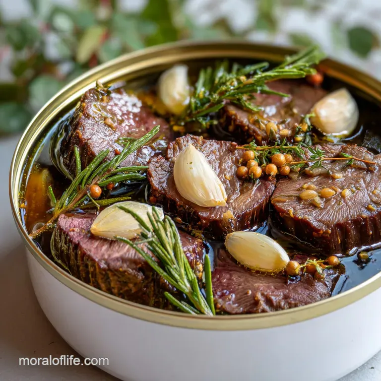 Elegant mound of tender venison with glistening gravy, artfully garnished with fresh herbs, hints of garlic, perfect.