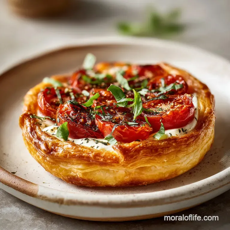 Elegant appetizer: a single puff pastry bite showcasing the vibrant colors of tomato, mozzarella, and basil against golden...
