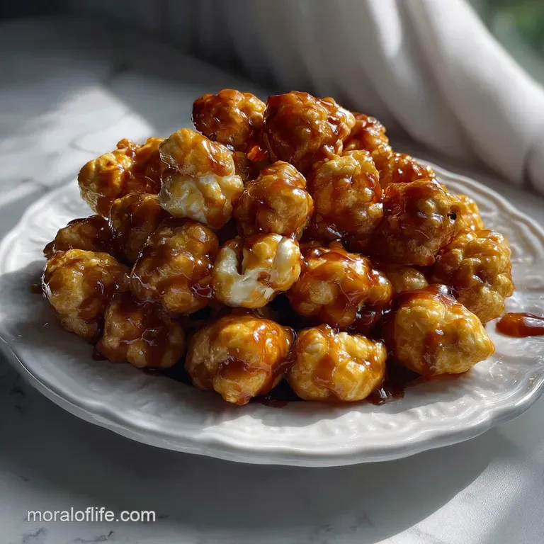 Elegant serving of caramelized puff corn in a clear glass bowl, showcasing the glistening glaze and light, airy texture. ...