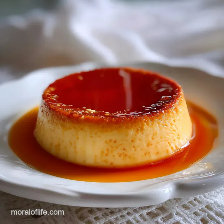 A slice of decadent cream cheese flan, drizzled in rich caramel sauce, beside whipped cream and fresh raspberries.