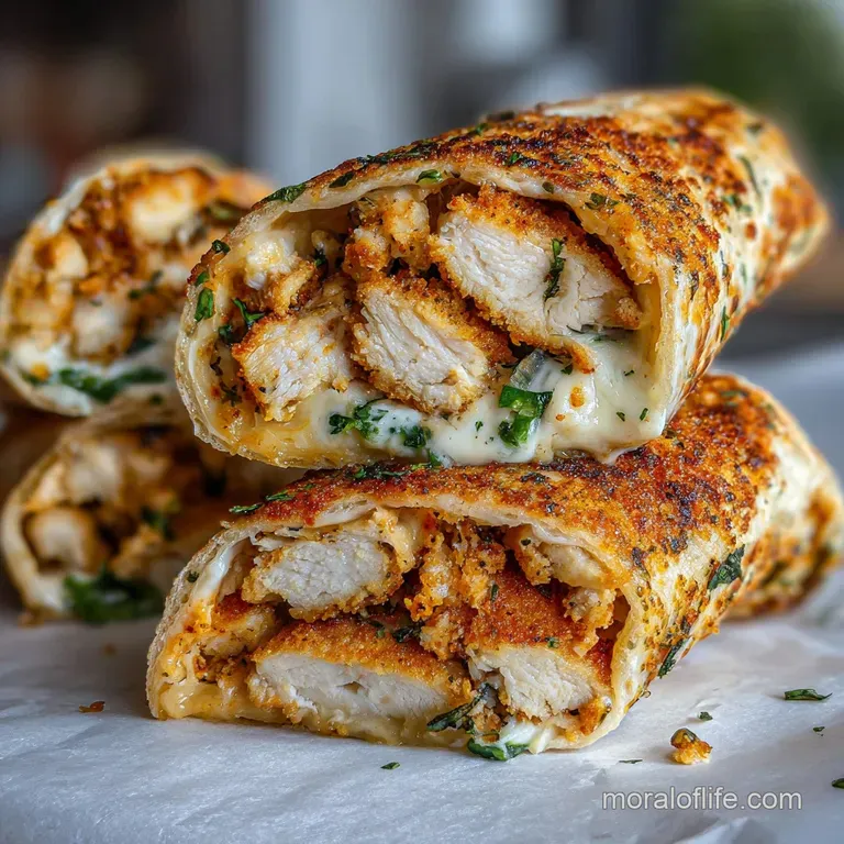 A cut cheesy chicken wrap on a white plate, oozing with melted cheese and garnished with vibrant green parsley. Side of cr...