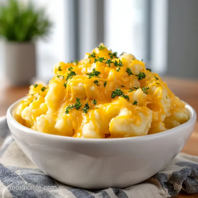 Individual serving of steaming cheesy potatoes, garnished with fresh parsley, presented in a rustic stoneware bowl.
