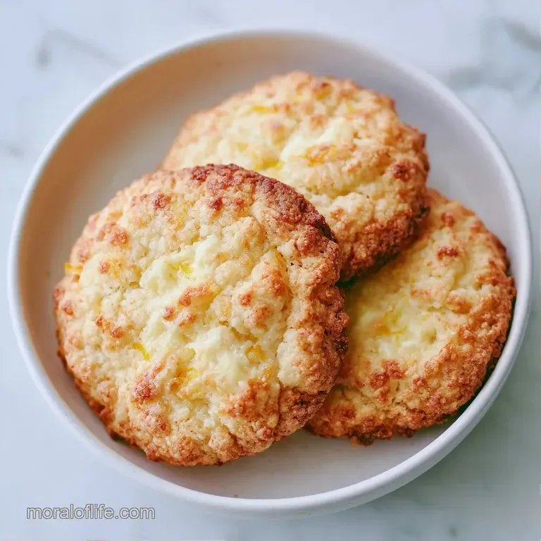 Stack of soft yellow cookies on a white ceramic plate, garnished with fresh lemon slices and a dusting of powdered sugar.