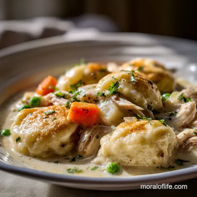 Elegant bowl of chicken and dumplings. Steaming broth with shredded chicken and vibrant green herbs sprinkled on top, invi...