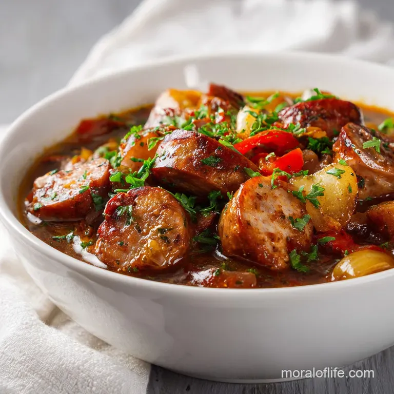 A steaming bowl of dark, savory gumbo garnished with vibrant green parsley, showcasing tender chicken and sausage.