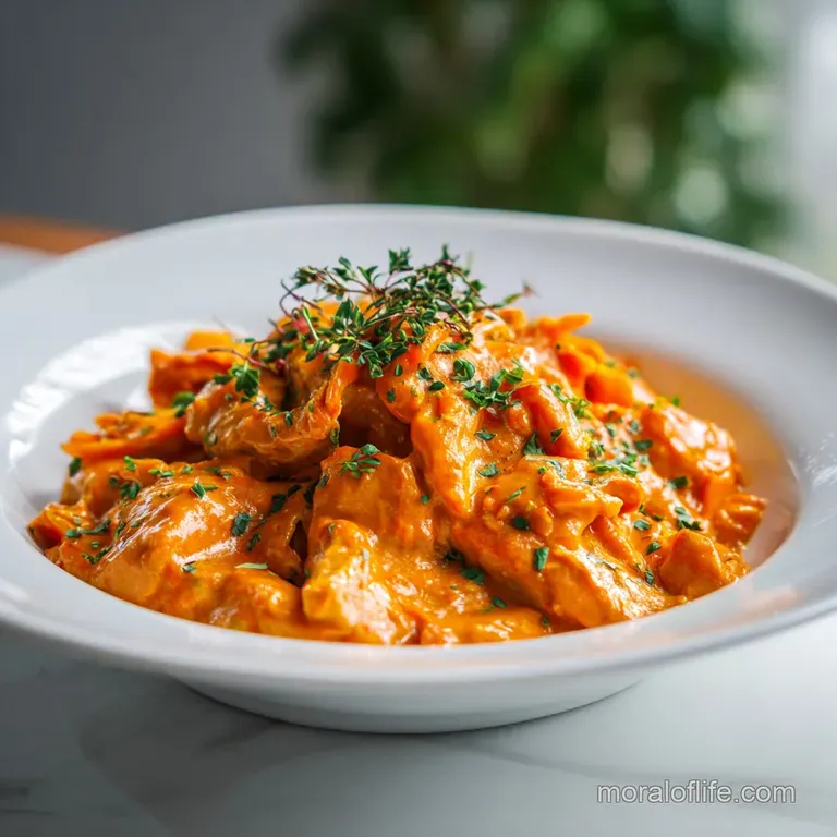 Elegant plate of tender chicken paprikash. Vibrant paprika colors the sauce, garnished with fresh herbs, promising a flavo...