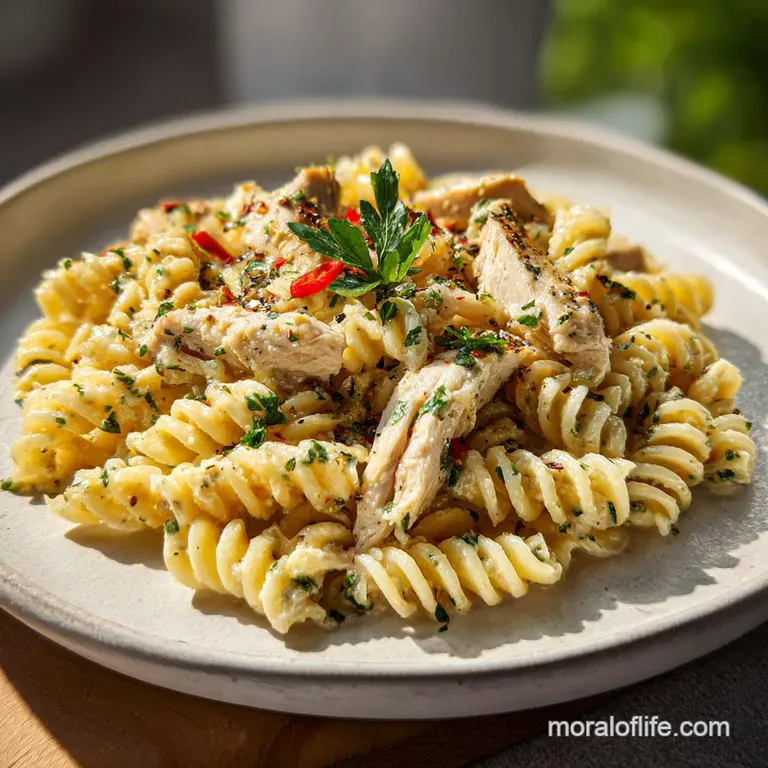Perfectly plated pasta twirled next to tender chicken pieces, glistening with sauce and garnished with fresh herbs.
