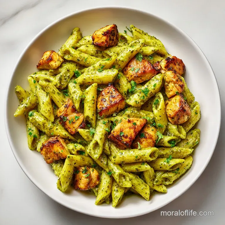 Elegant swirl of creamy green pasta and seared chicken on a white plate, garnished with a bright fresh basil leaf.