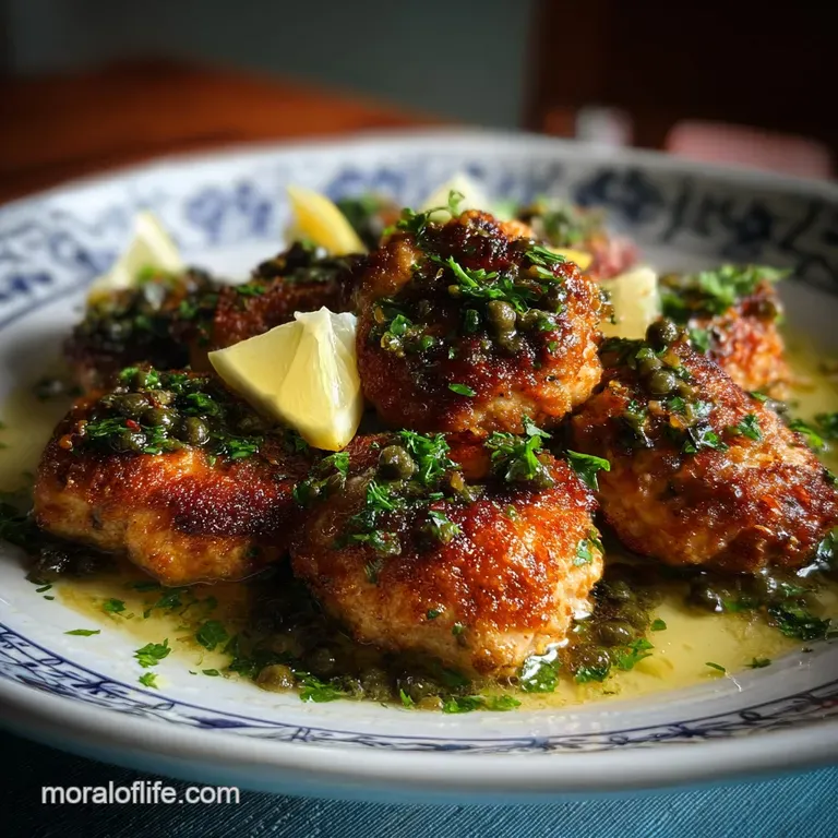 Golden-brown chicken meatballs drizzled with a vibrant, glossy piccata sauce, artfully plated with a lemon wedge and parsl...