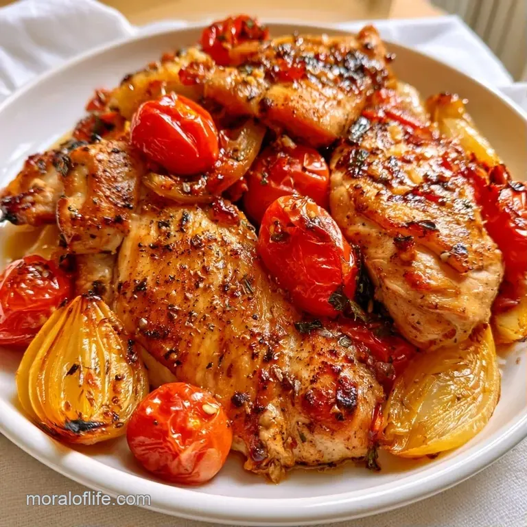 A rustic cast iron skillet featuring seared chicken nestled in a vibrant red tomato sauce with fresh herbs.