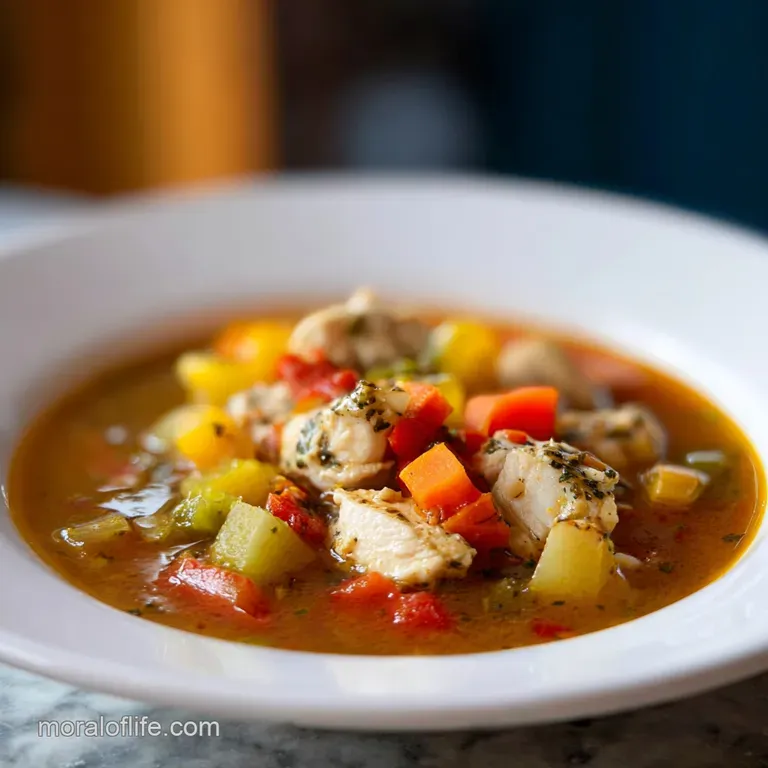 A steaming bowl of chicken vegetable soup, artfully garnished with fresh parsley and crusty bread on the side.