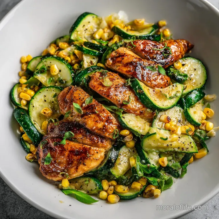 Neatly plated golden chicken chunks with bright green zucchini and sweet corn drizzled in melted garlic butter.