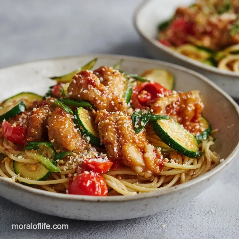 A swirl of bright green zucchini noodles topped with seared chicken and a dusting of white parmesan cheese.