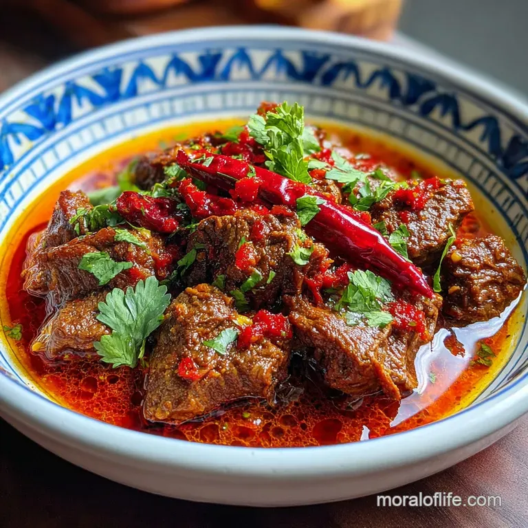 Tender chunks of beef swim in a vibrant, brick-red chile sauce, served with warm tortillas and a dollop of cool sour cream.