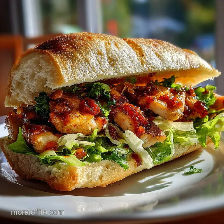 Crispy chicken Caesar sandwich cut in half, showing juicy filling and golden crust. Dark sauce drizzles artfully on the pl...
