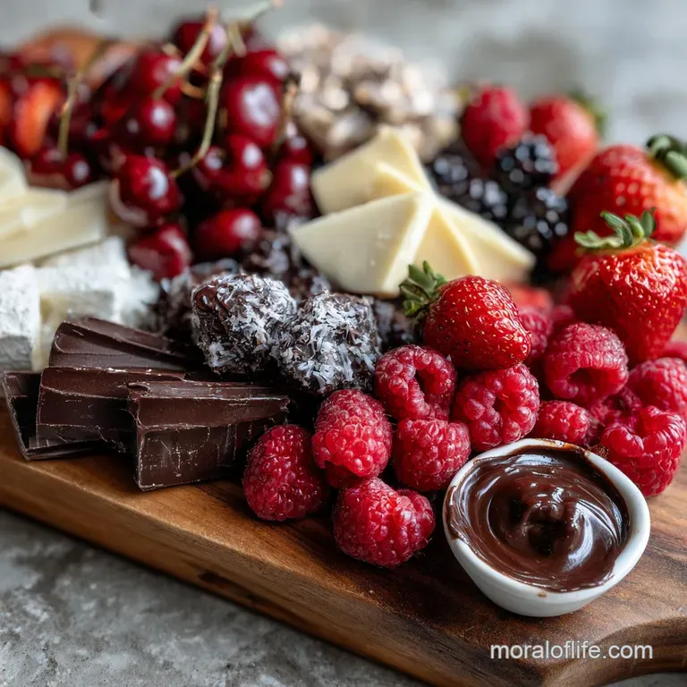 Elegant arrangement of dark chocolate squares, raspberries, blueberries, and walnuts cascading from a slate charcuterie bo...