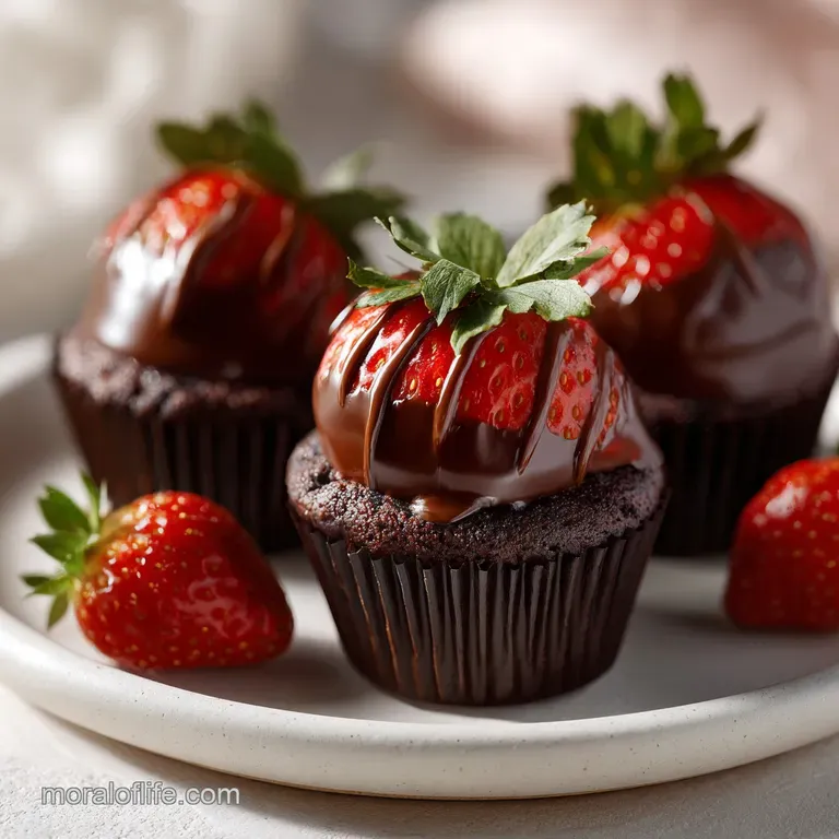 A swirl of dark chocolate frosting crowns a cupcake, adorned with a bright red, halved strawberry.