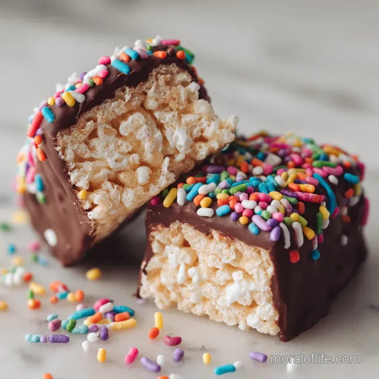 Elegant stack of chocolate-covered Rice Krispie treats, glistening with melted chocolate and colorful sprinkles on a white...