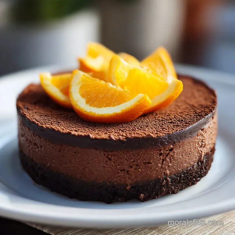 A generous slice of chocolate orange cheesecake reveals layers of creamy filling on a chocolate cookie crumb base, garnish...
