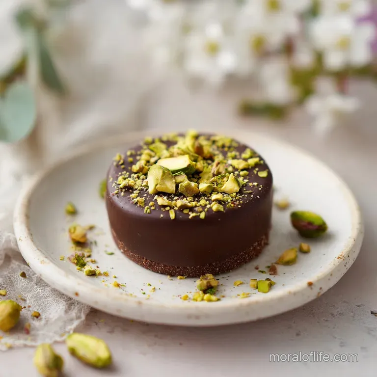 Elegant stack of chocolate pistachio shortbread cookies with visible layers of butter and perfectly baked with a light gol...