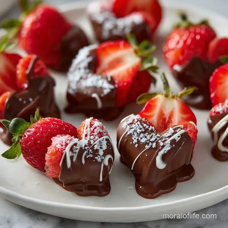 Elegant chocolate-covered strawberries with dark chocolate drizzle artfully arranged on a white plate, ready for a Valenti...