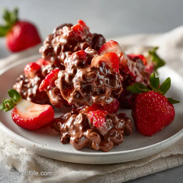 Elegant stack of dark chocolate yogurt clusters with bright strawberry halves on a white plate, dusted with cocoa powder.