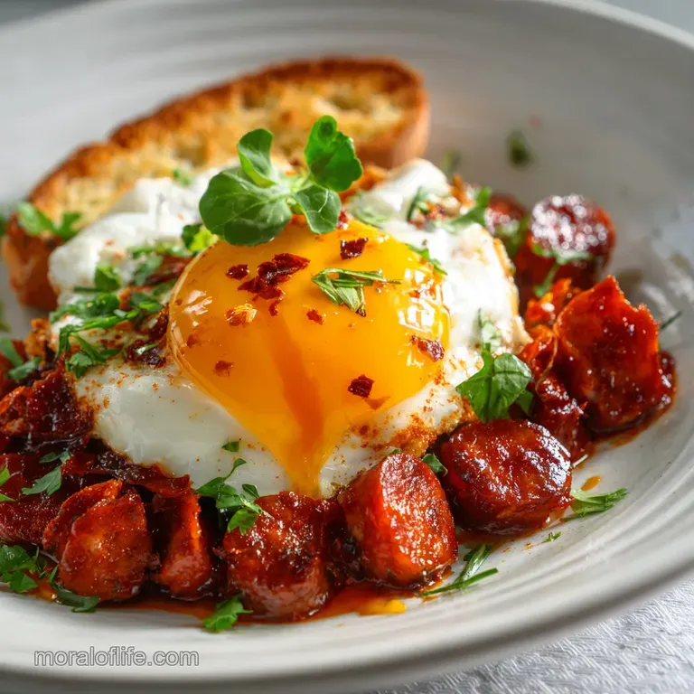 Elegant plate of chorizo and eggs: glistening chorizo oil, fluffy yellow eggs, & vibrant green herbs offer a delicious and...