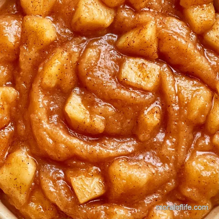 A small ceramic bowl of pale gold fruit puree topped with a cinnamon stick and a thin, crisp apple slice.