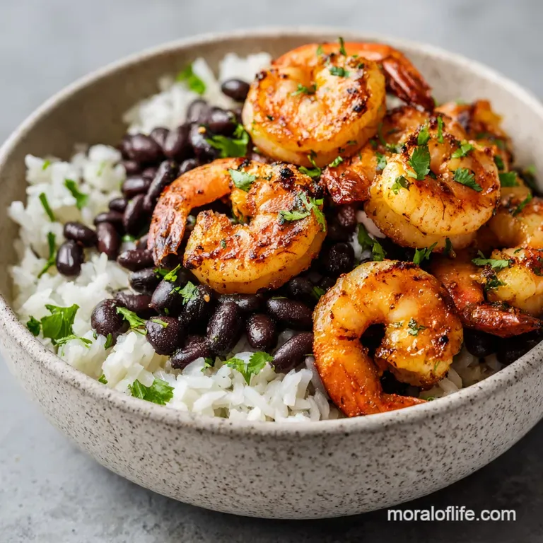 Vibrant shrimp and avocado slices arranged in a white ceramic bowl with bright cilantro and a squeeze of fresh lime.