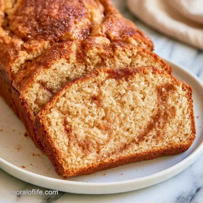 A thick slice of warm, spiced cake topped with a pat of melting butter and a sprinkle of cinnamon on a white plate.