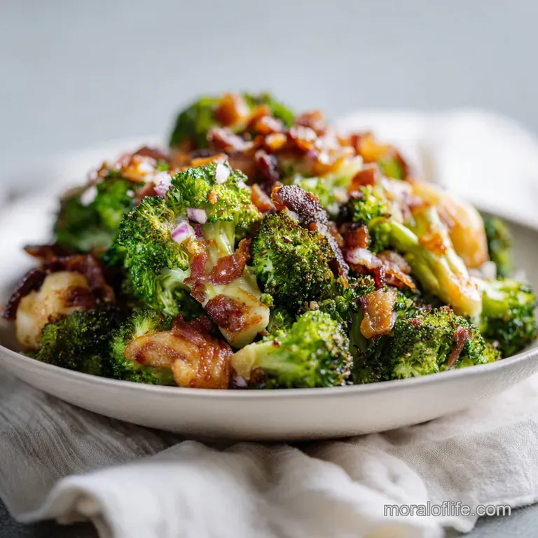 A rustic wooden bowl overflowing with broccoli salad, glistening with dressing and dotted with crispy bacon.