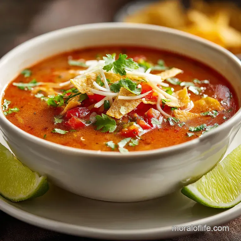 Steaming bowl of rich chicken tortilla soup topped with avocado, cheese, and a lime wedge, offering a comforting, colorful...