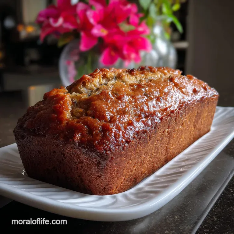 Thick slices of moist banana bread arranged artfully on a white plate, alongside a pat of melting butter and a drizzle of ...