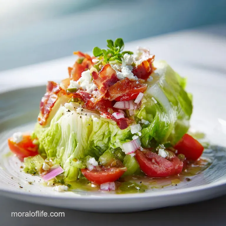 Elegant wedge salad featuring a plump iceberg wedge drizzled with creamy dressing, adorned with crisp bacon crumbles and j...