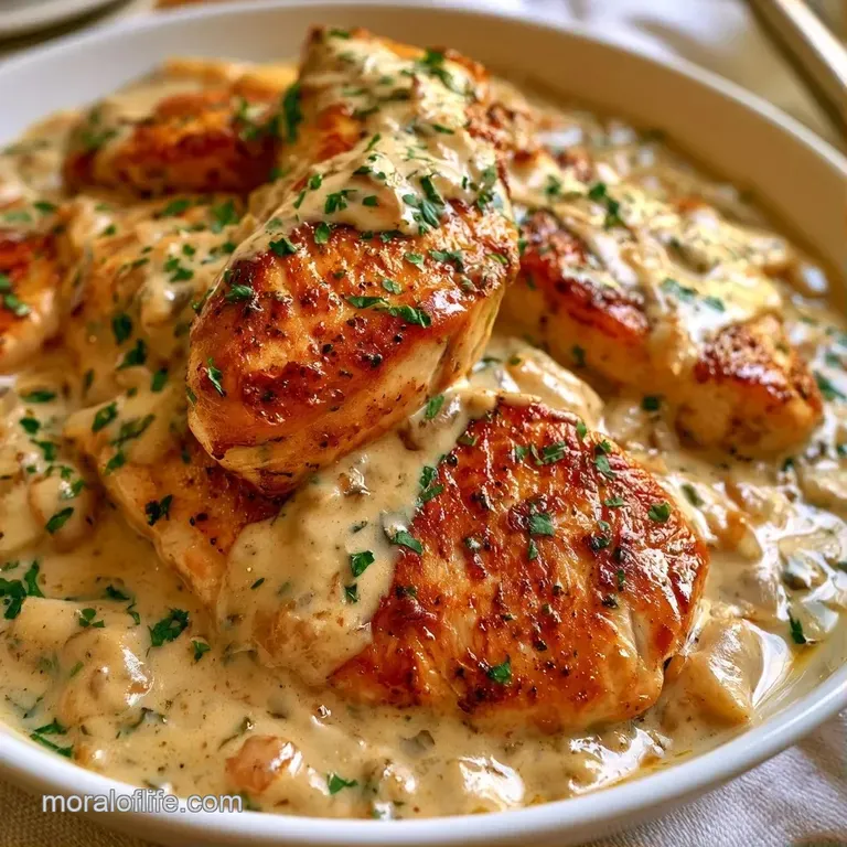 A shallow white bowl of creamy chicken stew topped with fresh herbs and served beside fluffy white steamed rice.
