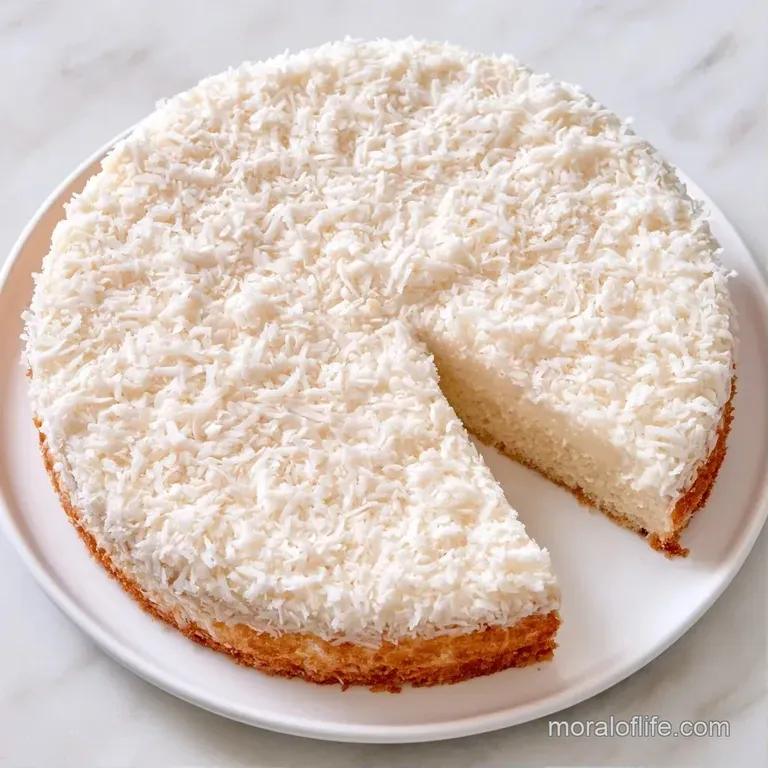 A neat slice of ivory cake on a minimalist white plate, topped with a dollop of cream and fresh coconut curls.
