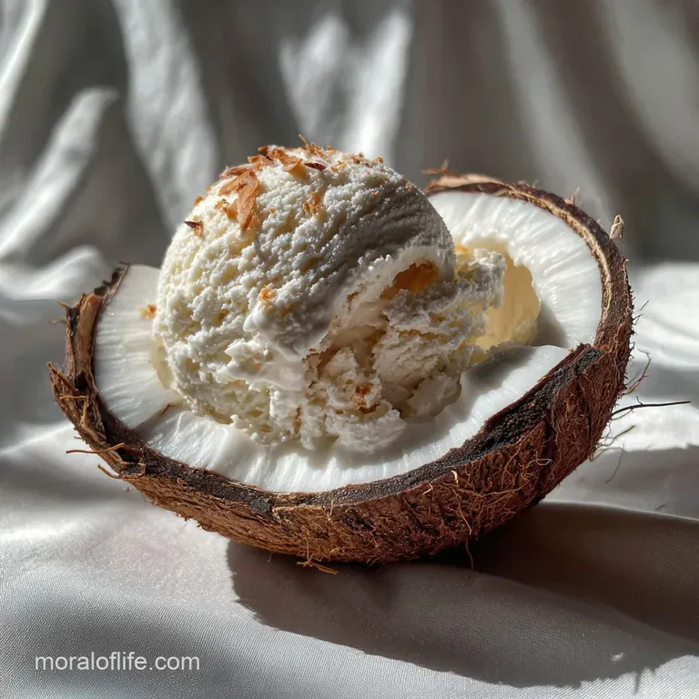 A scoop of creamy white coconut ice cream melting slightly on a clean white dessert plate with a sprig of mint.