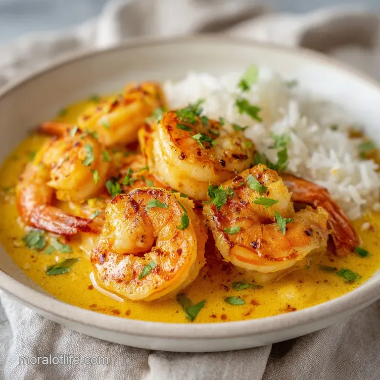 Perfectly arranged shrimp curry in a shallow bowl, garnished with cilantro and a lime wedge, promising a burst of fresh fl...