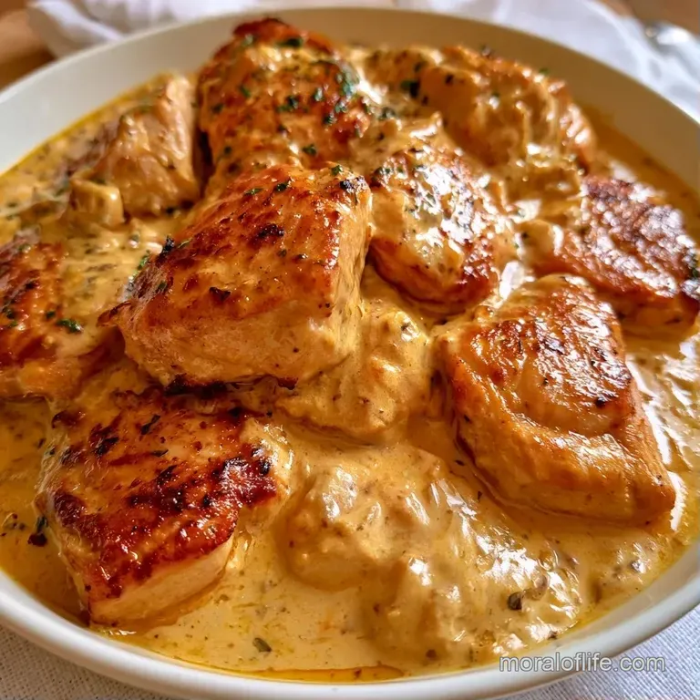 A shallow ceramic bowl of creamy white chicken curry served over fluffy steamed rice and topped with sliced chilies.