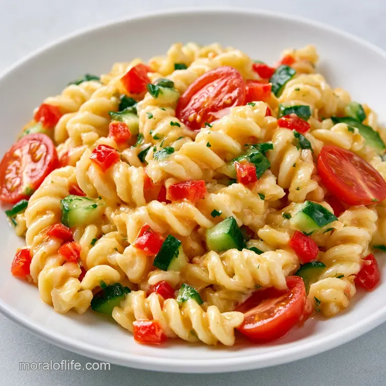 Vibrant rotini pasta mixed with diced red onions and olives, served in a modern glass bowl on a marble tabletop.