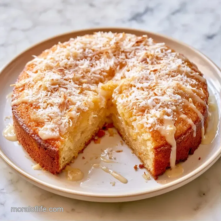 Elegant slice of white moist cake on a marble platter, topped with coconut flakes and a sprig of fresh mint leaf.